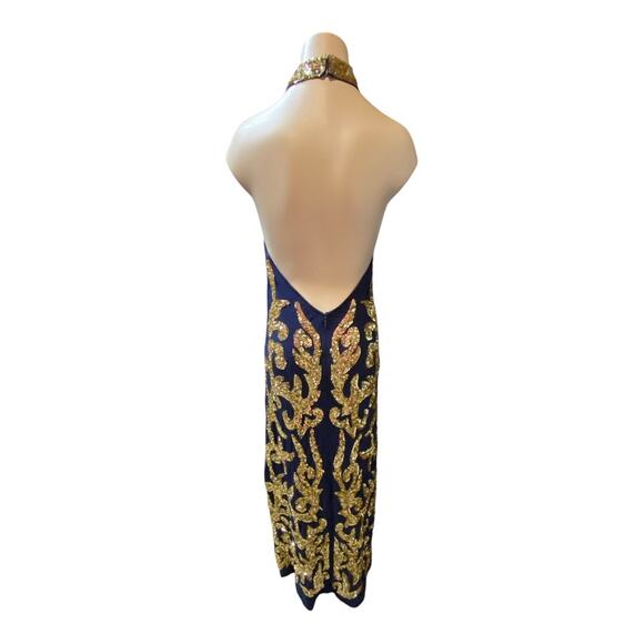 Frances Valentine M Goddess High Neck Open Back Formal Dress Blue Gold Sequin - Picture 6 of 8